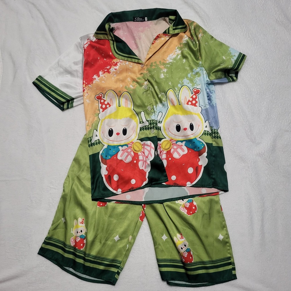 Kids Cartoon Bunny Pajama Set Short Sleeve Button Up Top Short Pants size Medium